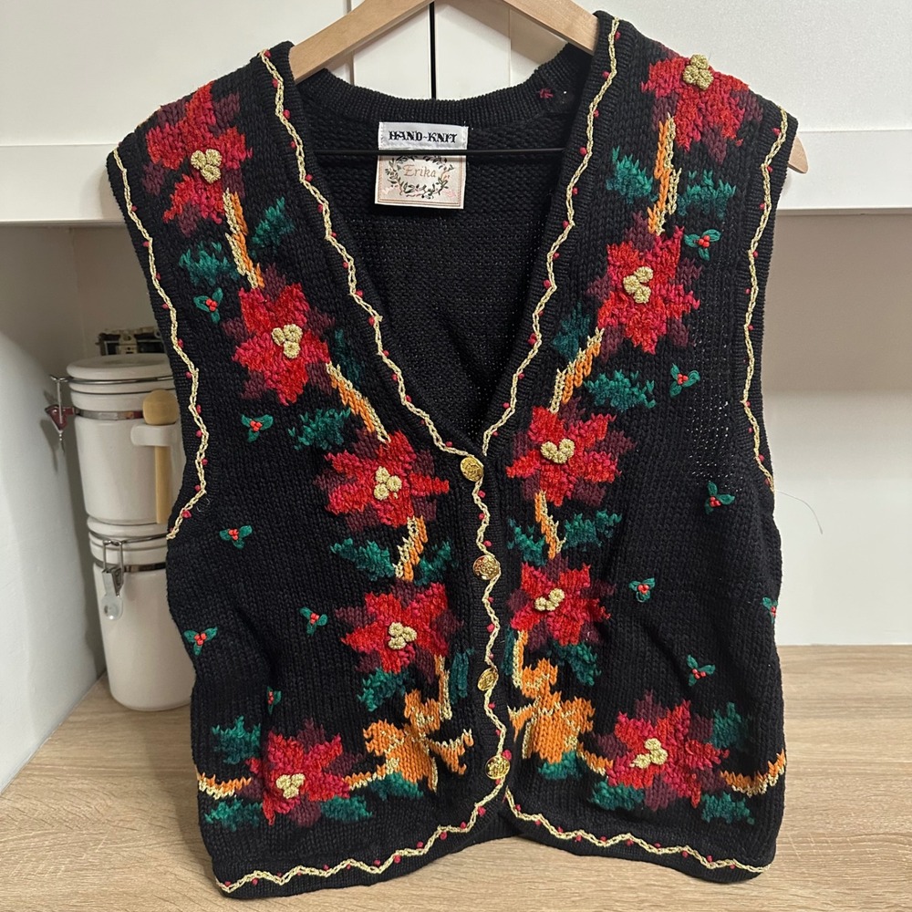 Vintage Erika Hand Knit Christmas Poinsettia Sweater Vest Black Rickrack Medium